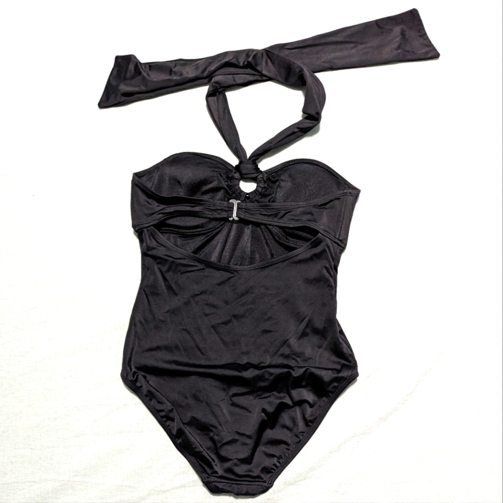 Black one piece swimsuit with sash halter neck tie 🖤 - Picture 2 of 3